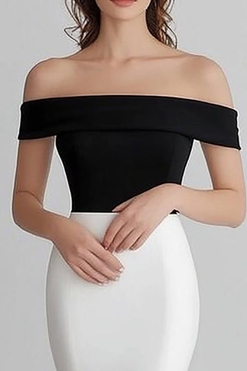 Black White Satin Mermaid Off the Shoulder Long Formal Dress